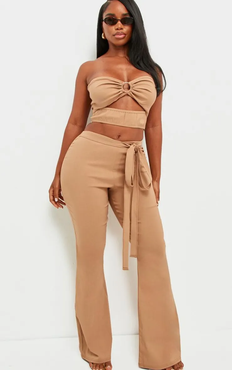Sale PrettyLittleThing Shape Stretch Woven Ring Front Bandeau Top Camel