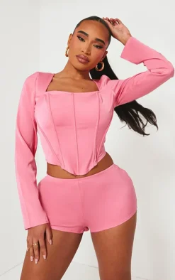 Clearance PrettyLittleThing Shape Woven Boning Detail Long Sleeve Corset Candy Pink