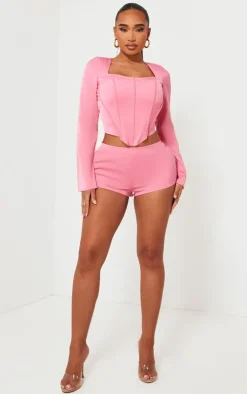 Clearance PrettyLittleThing Shape Woven Boning Detail Long Sleeve Corset Candy Pink
