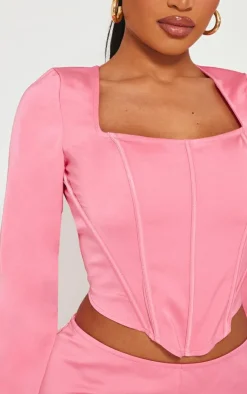 Clearance PrettyLittleThing Shape Woven Boning Detail Long Sleeve Corset Candy Pink
