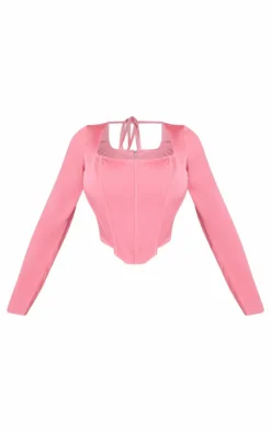 Clearance PrettyLittleThing Shape Woven Boning Detail Long Sleeve Corset Candy Pink
