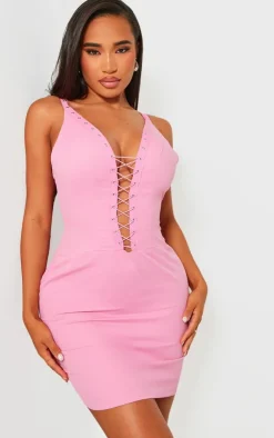 Shape Woven Lace Up Front Bodycon Dress-PrettyLittleThing Outlet