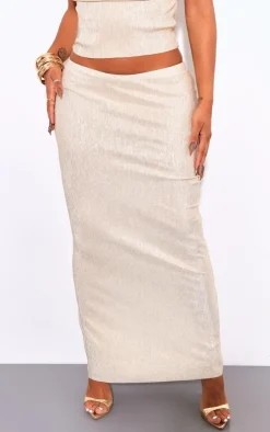 Discount PrettyLittleThing Shape Glitter Plisse Low Rise Maxi Skirt Champagne