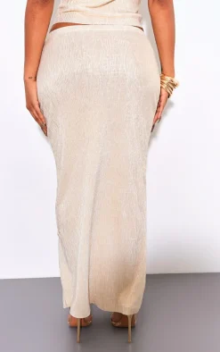 Discount PrettyLittleThing Shape Glitter Plisse Low Rise Maxi Skirt Champagne