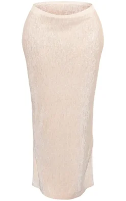 Discount PrettyLittleThing Shape Glitter Plisse Low Rise Maxi Skirt Champagne