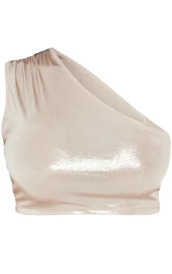 Sale PrettyLittleThing Shape Metallic One Shoulder Ruched Side Crop Top Champagne
