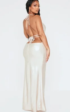 Shape Metallic Wet Look Plunge Front Halter Neck Maxi Dress-PrettyLittleThing Best