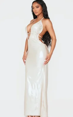 Shape Metallic Wet Look Plunge Front Halter Neck Maxi Dress-PrettyLittleThing Best
