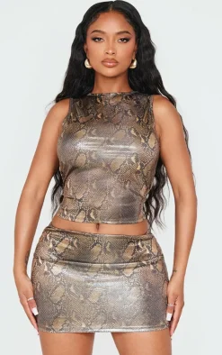 New PrettyLittleThing Shape Snake Print Wet Look Vest Top Champagne
