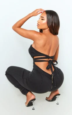 Shape Charcoal Acid Wash Cup Detail Tie Back Denim Jumpsuit