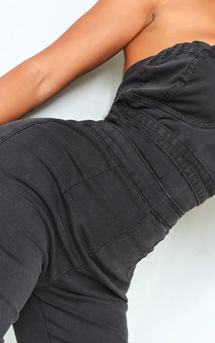 Shape Charcoal Acid Wash Cup Detail Tie Back Denim Jumpsuit