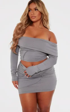 Best PrettyLittleThing Shape Bardot Seam Detail Crop Top Charcoal