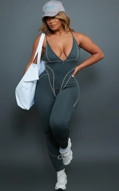 PrettyLittleThing Gym Wear*Shape Branded Contrast Stitch Zip Detail Gym Jumpsuit