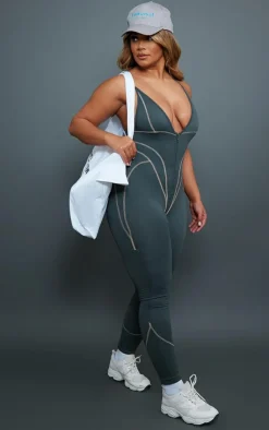 PrettyLittleThing Gym Wear*Shape Branded Contrast Stitch Zip Detail Gym Jumpsuit