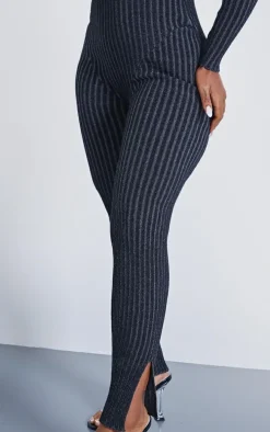 Shape Charcoal Contrast Rib Knit Long Sleeve Plunge Jumpsuit