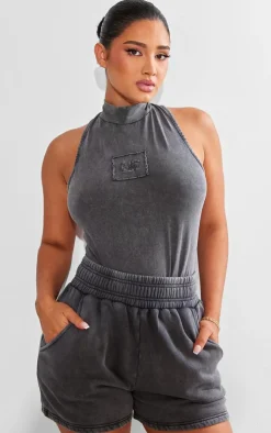 Online PrettyLittleThing Shape Cotton High Neck Sleeveless Bodysuit Charcoal
