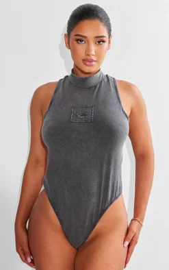 Online PrettyLittleThing Shape Cotton High Neck Sleeveless Bodysuit Charcoal