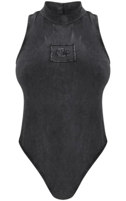 Online PrettyLittleThing Shape Cotton High Neck Sleeveless Bodysuit Charcoal