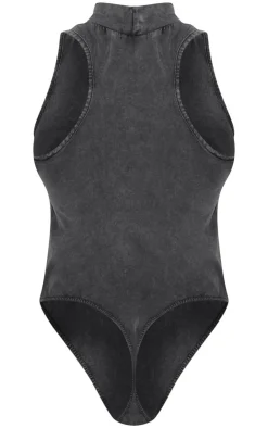 Online PrettyLittleThing Shape Cotton High Neck Sleeveless Bodysuit Charcoal