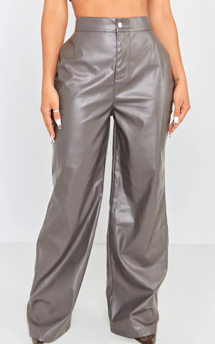 Best PrettyLittleThing Shape Faux Leather High Waisted Wide Leg Pants Charcoal