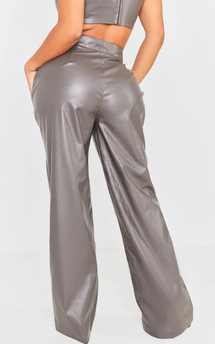 Best PrettyLittleThing Shape Faux Leather High Waisted Wide Leg Pants Charcoal