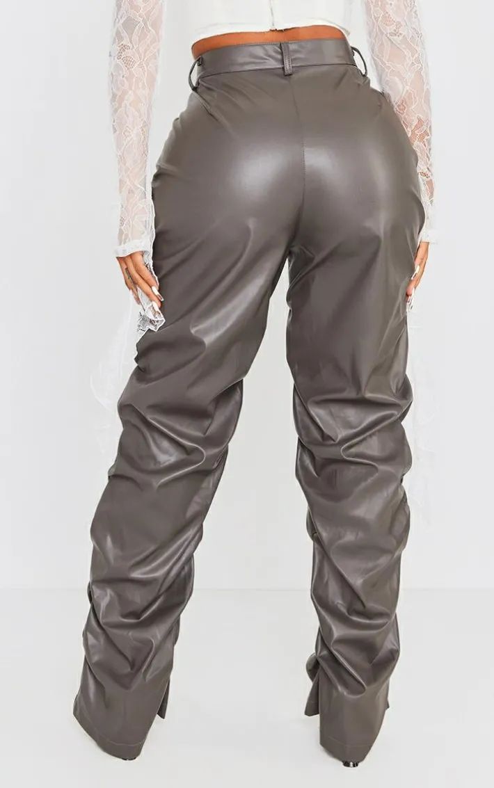 Shape Charcoal Faux Leather Ruched Detail Straight Leg Pants