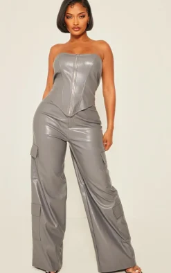 Hot PrettyLittleThing Shape Faux Leather Straight Leg Cargo Pants Charcoal
