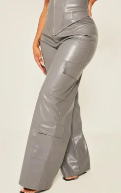Hot PrettyLittleThing Shape Faux Leather Straight Leg Cargo Pants Charcoal