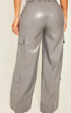 Hot PrettyLittleThing Shape Faux Leather Straight Leg Cargo Pants Charcoal