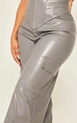 Hot PrettyLittleThing Shape Faux Leather Straight Leg Cargo Pants Charcoal