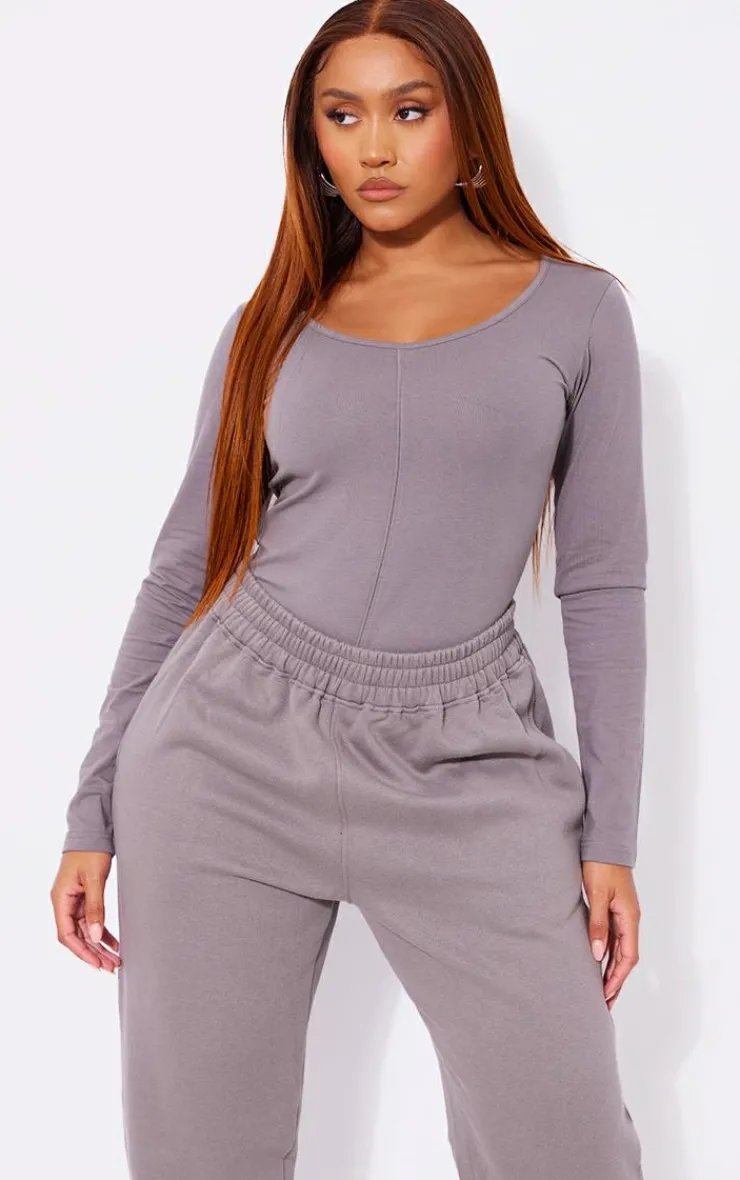Online PrettyLittleThing Shape Cotton Scoop Neck Seam Bodysuit Charcoal Grey