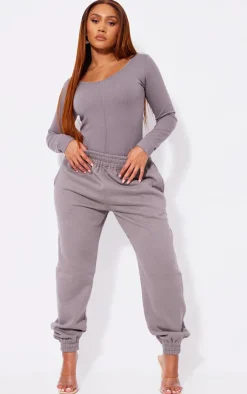 Online PrettyLittleThing Shape Cotton Scoop Neck Seam Bodysuit Charcoal Grey