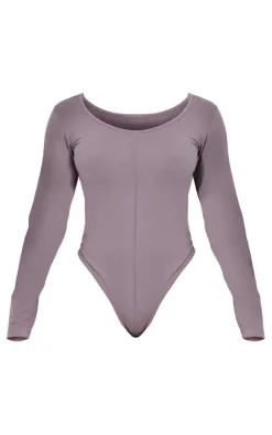Online PrettyLittleThing Shape Cotton Scoop Neck Seam Bodysuit Charcoal Grey