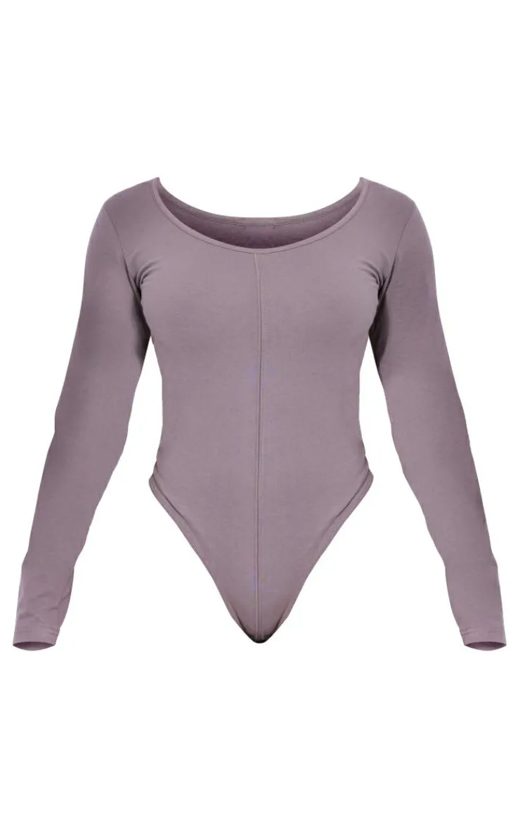Online PrettyLittleThing Shape Cotton Scoop Neck Seam Bodysuit Charcoal Grey