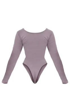 Online PrettyLittleThing Shape Cotton Scoop Neck Seam Bodysuit Charcoal Grey