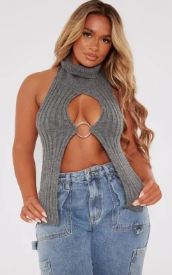 PrettyLittleThing Knitted Tops*Shape Knit Cut Out Ring Detail Crop Top