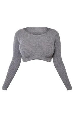 Sale PrettyLittleThing Shape Panelled Knit Crop Sweater Charcoal Grey