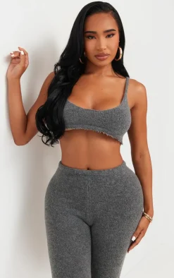 Hot PrettyLittleThing Shape Knit Extreme Crop Bralet Charcoal