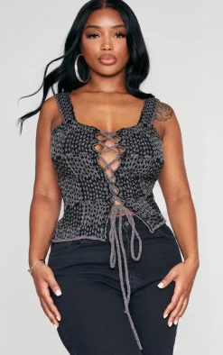 PrettyLittleThing Knitted Tops*Shape Knit Lace Up Front Top