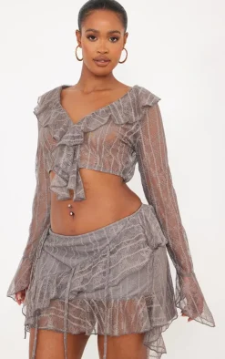 Outlet PrettyLittleThing Shape Lace Frill Edge Long Sleeve Top Charcoal