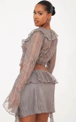 Outlet PrettyLittleThing Shape Lace Frill Edge Long Sleeve Top Charcoal