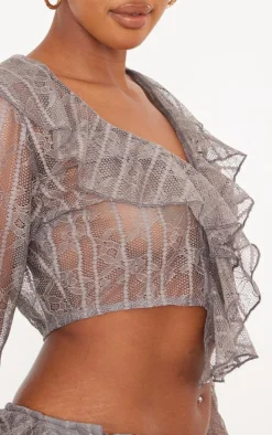 Outlet PrettyLittleThing Shape Lace Frill Edge Long Sleeve Top Charcoal