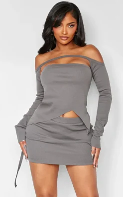Discount PrettyLittleThing Shape Rib Bandeau With Shrug Charcoal