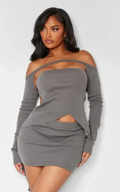 Sale PrettyLittleThing Shape Rib High Waist Mini Skirt Charcoal