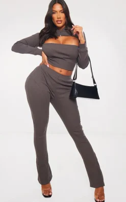 Best PrettyLittleThing Shape Rib Seam Detail Flare Pants Charcoal