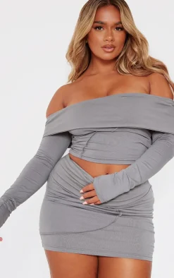 Clearance PrettyLittleThing Shape Seam Detail Foldover Waist Mini Skirt Charcoal