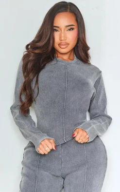 Outlet PrettyLittleThing Shape Soft Rib Long Sleeve Top Charcoal