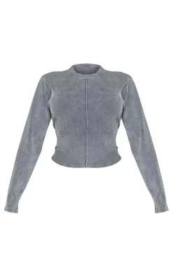 Outlet PrettyLittleThing Shape Soft Rib Long Sleeve Top Charcoal