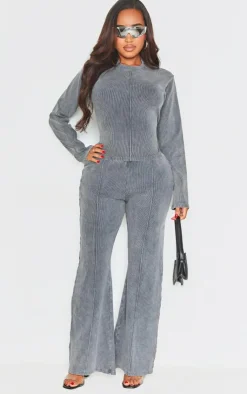 PrettyLittleThing Shape Soft Rib Pocket Bum Flare Pants Charcoal