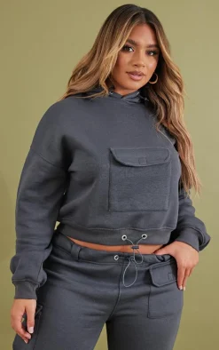 PrettyLittleThing Grey Sweatsuits*Shape Toggle Pocket Detail Cropped Hoodie